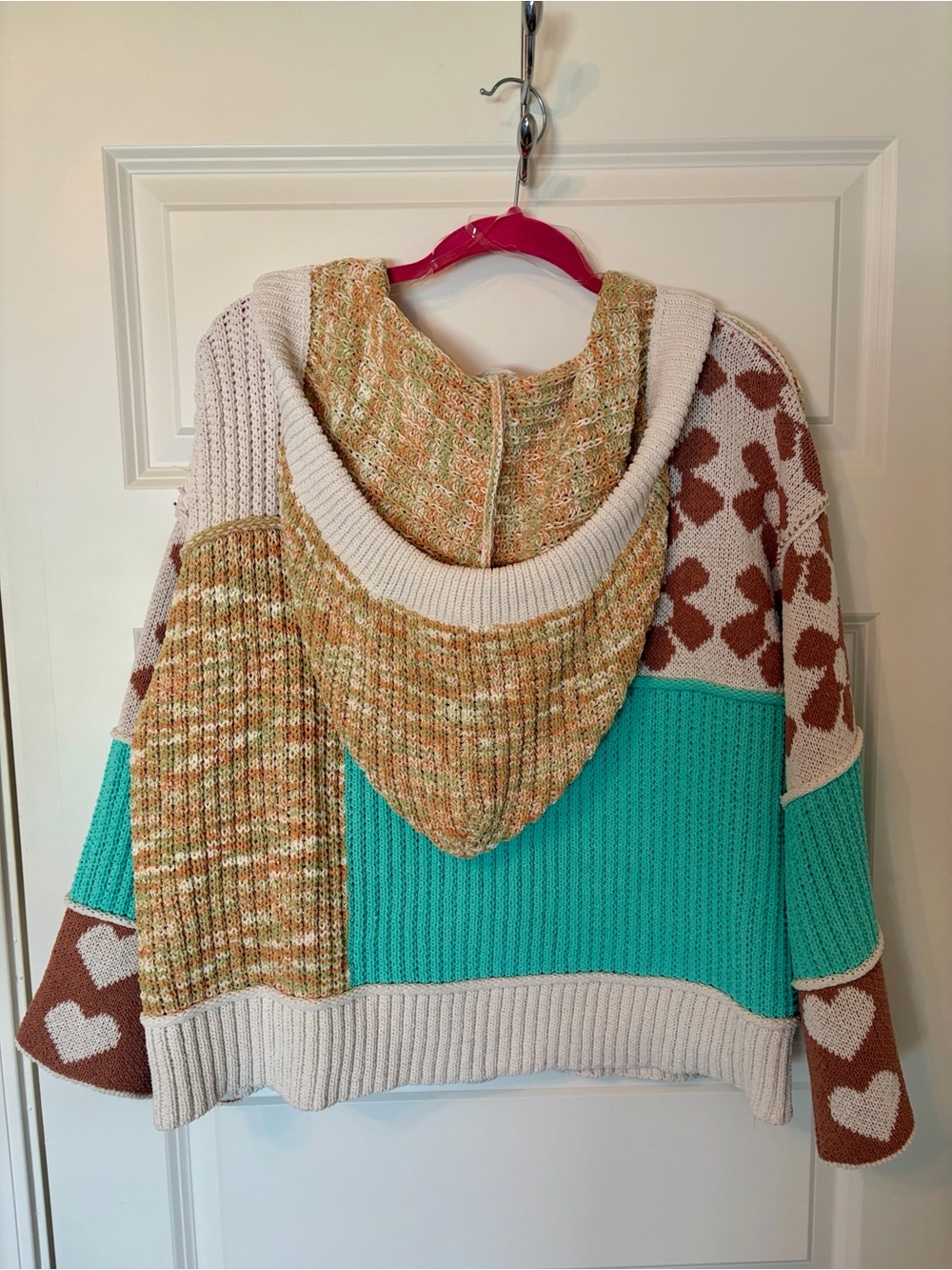 POL Colorblock Knit Hoodie Cardigan - Cream, Brown & Teal - Picture 3 of 7